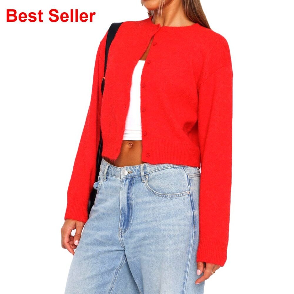 Y2K Crop Cardigan Sweater Button Front Long Sleeve Crew Neck Knit Top
